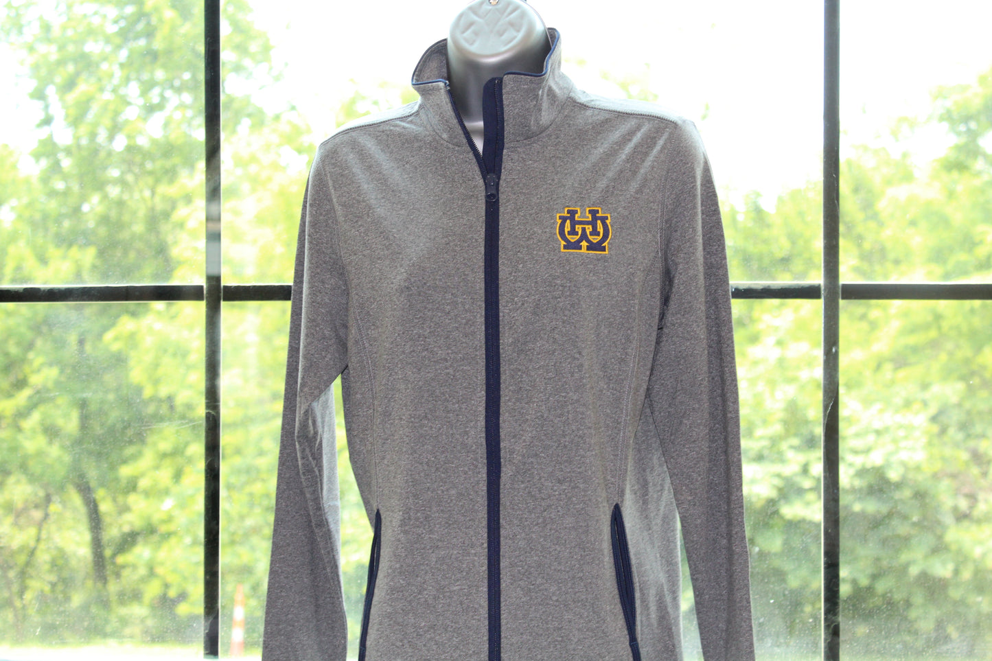 Soft Grey Women's Jacket with navy zipper